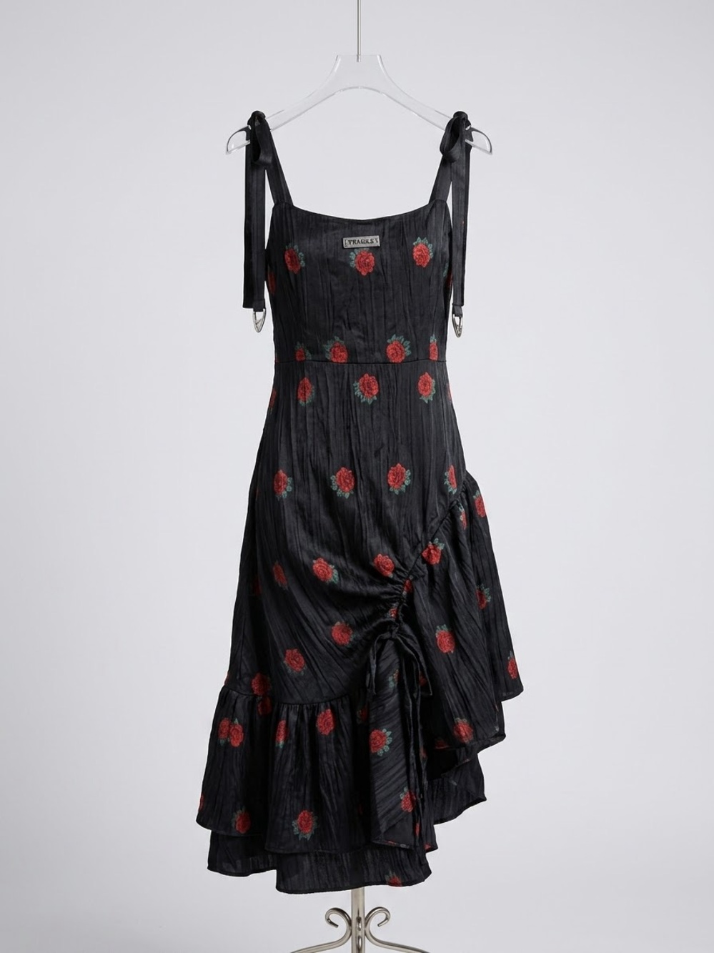 FRAGILE Black Floral Rose Ruched Asymmetrical Dress